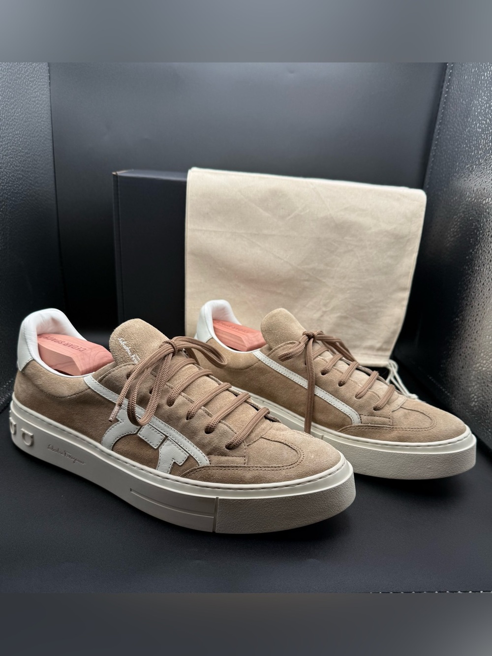 Ferragamo Gancini Suede Platform Sneakers Tan Size 10 M COA Authenticated